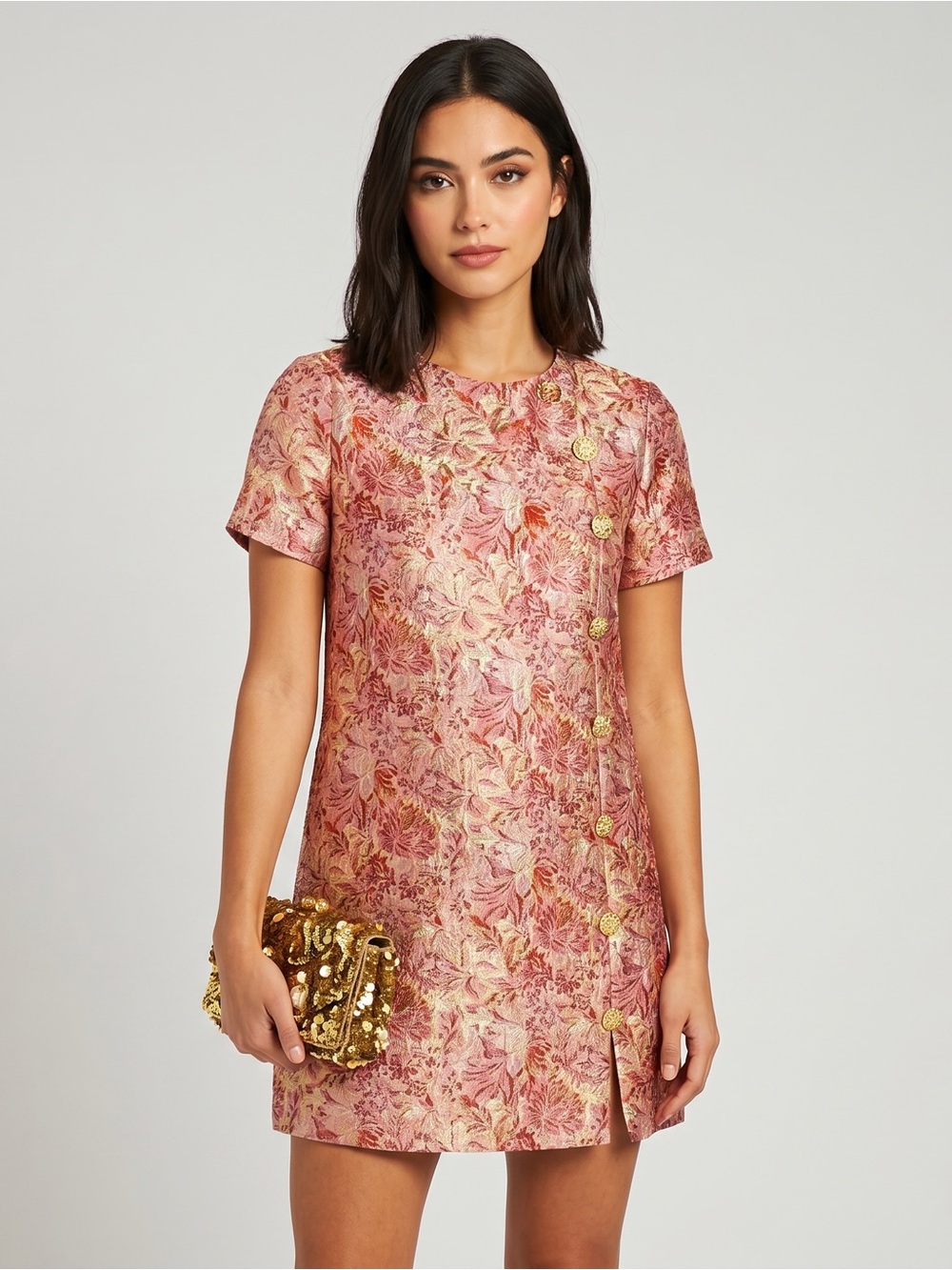 Mestiza NY Isolde Metallic Floral Jacquard Mini Dress Pink Gold Brocade Dress